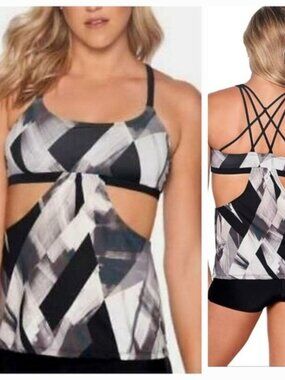Reebok SZ L Printed Cutout Strappy-Back Swim Tankini Top Black White NWT